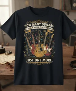 How Many Guitars Does A Guitar Player Need? Just One More. text on a t-shirt with multiple guitars and musical