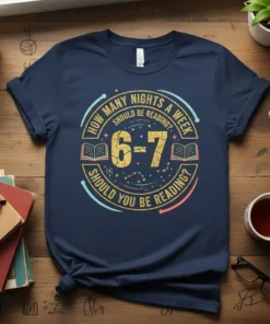 Quote "How Many Nights A Week Should Be Reading? 6-7" on a navy t-shirt with book and constellation graphics