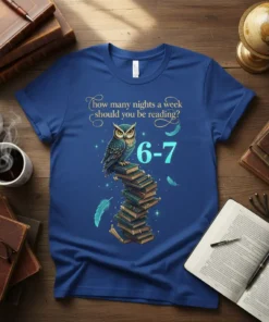 Owl sitting on books with text "How many nights a week should you be reading? 6-7" on a blue t-shirt