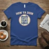 How Ya Doin T-Shirt with retro apartment building graphic and distressed font, blue tee