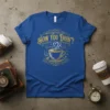 Blue t-shirt with "How You Doin?" text and a steaming coffee cup graphic in yellow and white