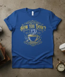 Blue t-shirt with "How You Doin?" text and a steaming coffee cup graphic in yellow and white