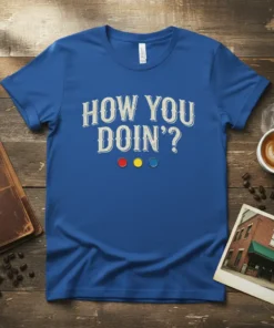 Blue t-shirt with "HOW YOU DOIN'?" text in vintage font and three colored circles below, inspired by Friends TV show