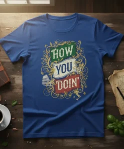 How You Doin' Italian phrase on a t-shirt with Italian flag colors and iconic landmarks like the Colosseum