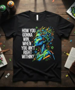 Black t-shirt with white text "HOW YOU GONNA WIN, WHEN YOU AIN'T RIGHT WITHIN?" and a colorful abstract portrait of