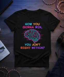 Black t-shirt with neon text "HOW YOU GONNA WIN, YOU AIN'T RIGHT WITHIN?" and a circuit board brain graphic
