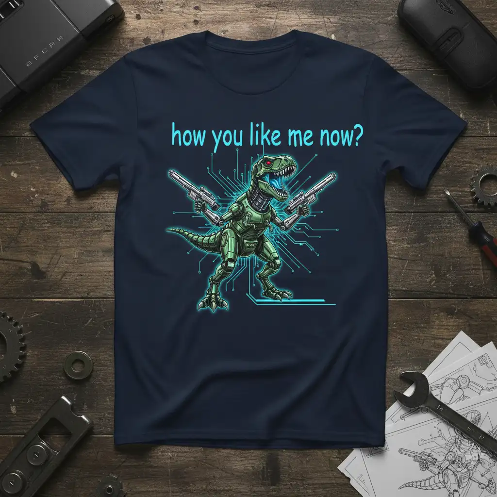 How you like me now? text with a robotic T-Rex holding guns, circuit board design on a navy t-shirt