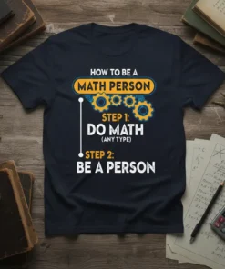 How to Be a Math Person T-Shirt with steps "Do Math" and "Be a Person" and gear graphics