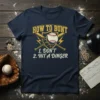 Navy blue t-shirt with "HOW TO BUNT 1. DON'T 2. HIT A DINGER" text, baseball, and crossed bats graphic