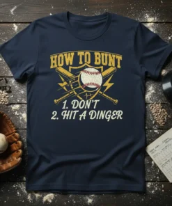 Navy blue t-shirt with "HOW TO BUNT 1. DON'T 2. HIT A DINGER" text, baseball, and crossed bats graphic