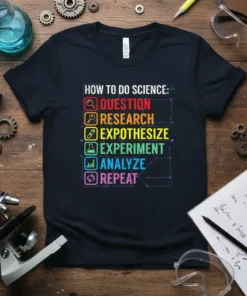 T-shirt with "How To Do Science" steps: Question, Research, Expothesize, Experiment, Analyze, Repeat in colorful text and icons