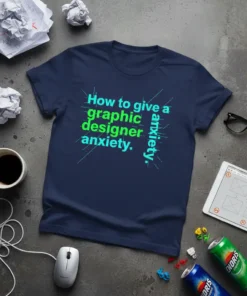Navy t-shirt with bright green and blue text reading "How to give a graphic designer anxiety."