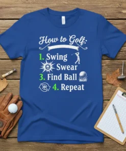 How to Golf Swing Swear Find Ball Repeat graphic tee with humorous steps and golf icons