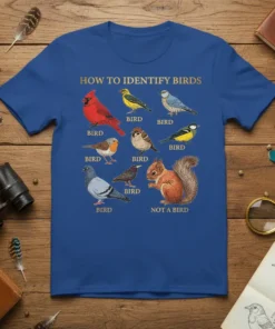How To Identify Birds T-Shirt featuring cartoon birds and a squirrel labeled 'Not A Bird'