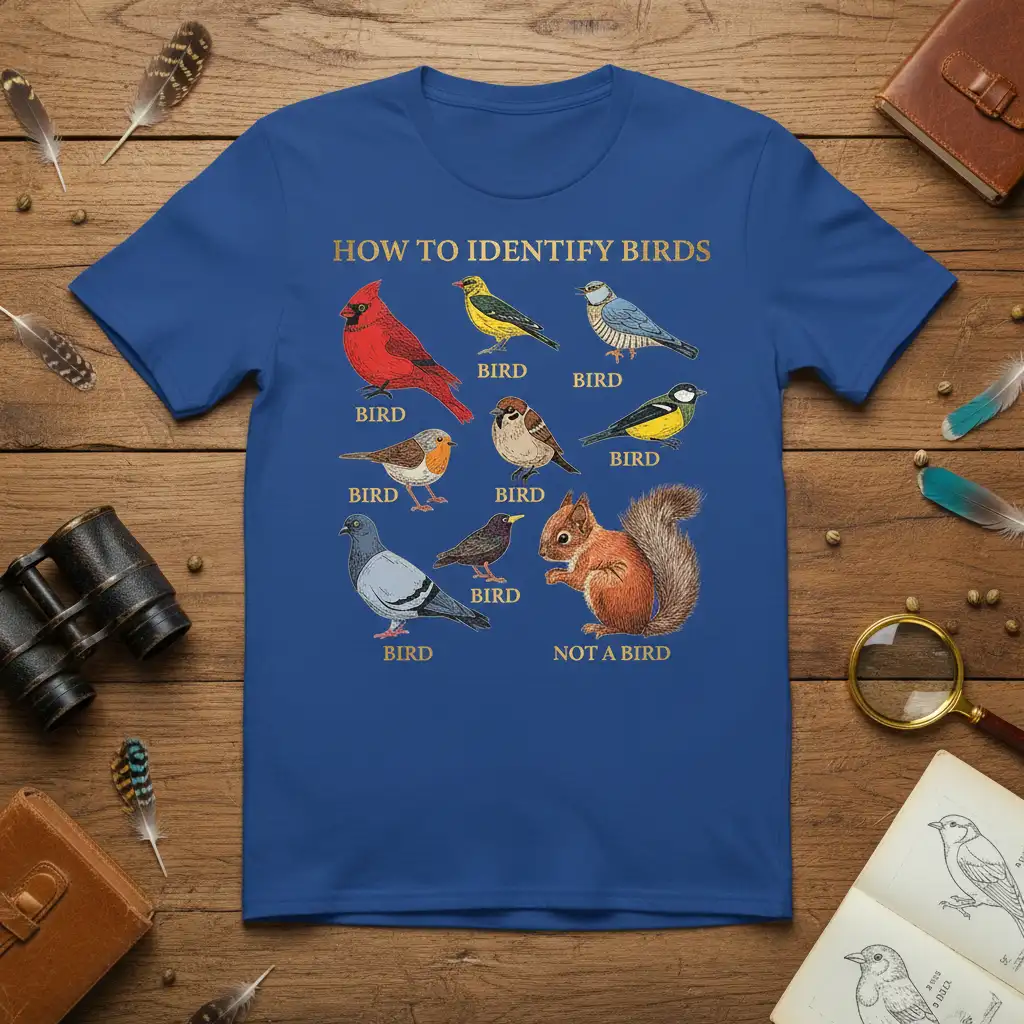 How To Identify Birds graphic tee with cartoon illustrations of various bird species and a squirrel