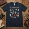 How To Identify Birds Not A Bird t-shirt featuring a chart of birds and a squirrel labeled "Not A Bird"