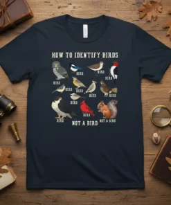 How To Identify Birds Not A Bird t-shirt featuring a chart of birds and a squirrel labeled "Not A Bird"