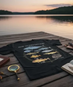 Black t-shirt with "How To Identify Fish" chart showing various fish species and labels like "FISH" and "NOT A FISH"
