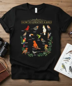 T-shirt with "How To Identify A Bird" text and colorful illustrations of various bird species, perfect for bird watching enthusiasts