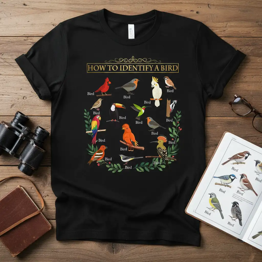 How To Identify A Bird text graphic with colorful bird illustrations and scientific labels on a black t-shirt
