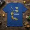 How To Pick Up Chicks funny graphic t-shirt featuring a robot arm, a mechanic with tools, and a net catching