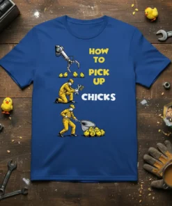 How To Pick Up Chicks funny graphic t-shirt featuring a robot arm, a mechanic with tools, and a net catching