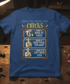 Funny "How To Pick Up Chicks" t-shirt with cowboy illustration showing steps to pick up baby chickens