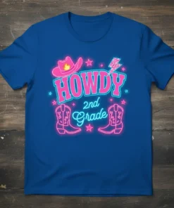 Howdy 2nd Grade text with cowboy boots, hat, and lightning bolt graphic on a royal blue t-shirt