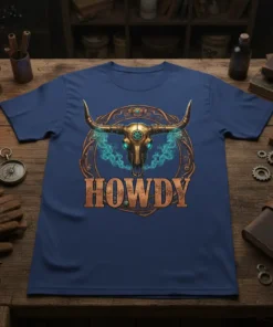 HOWDY text with a golden bull skull and turquoise smoke design on a navy blue t-shirt