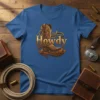 Western style Howdy text with a cowboy boot and spur graphic, desert cactus background