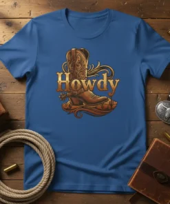 Western style Howdy text with a cowboy boot and spur graphic, desert cactus background