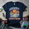 Howdy Fourth Grade text with a retro disco ball and cowboy hat graphic on a navy t-shirt