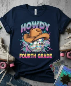 Howdy Fourth Grade text with a retro disco ball and cowboy hat graphic on a navy t-shirt