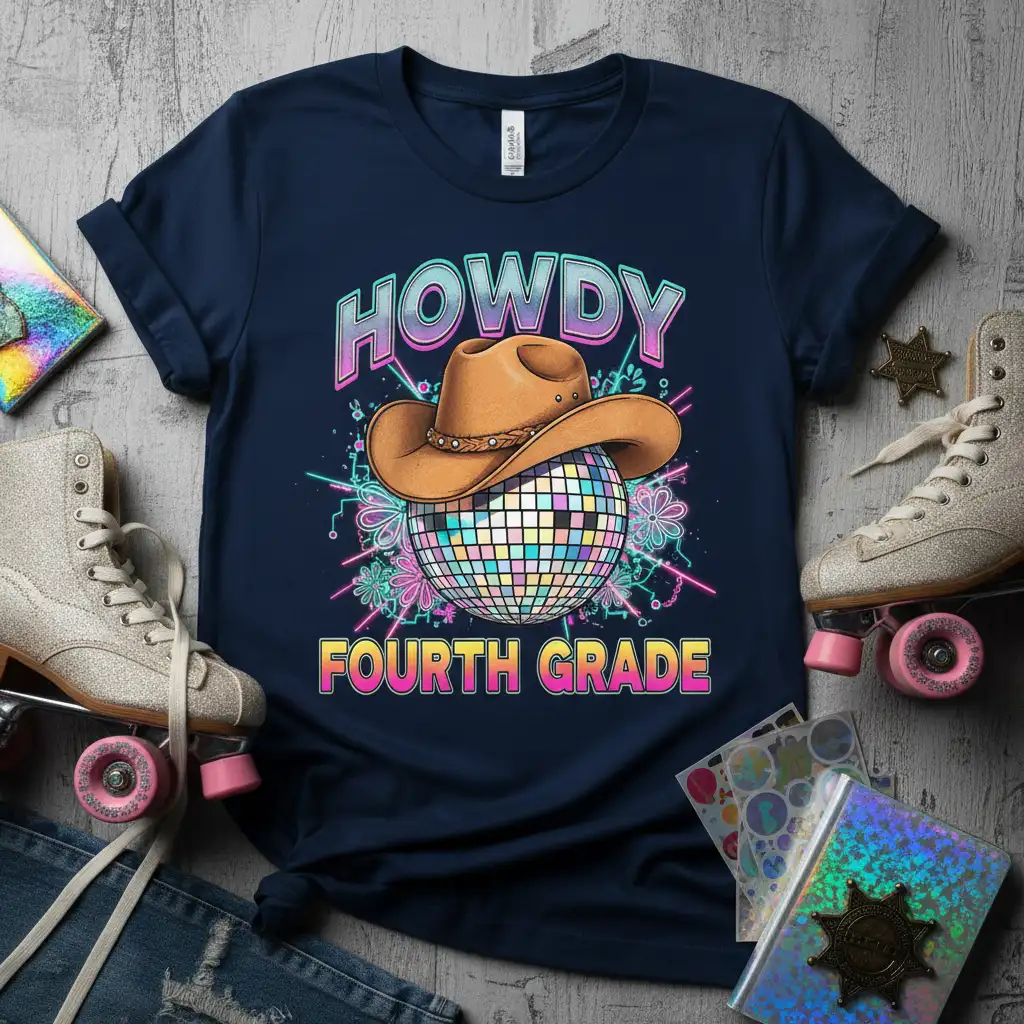 Howdy Fourth Grade text with a retro disco ball and cowboy hat design on a navy t-shirt