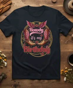 Howdy It's My Birthday text with pink cowboy boots and floral graphics on a navy t-shirt