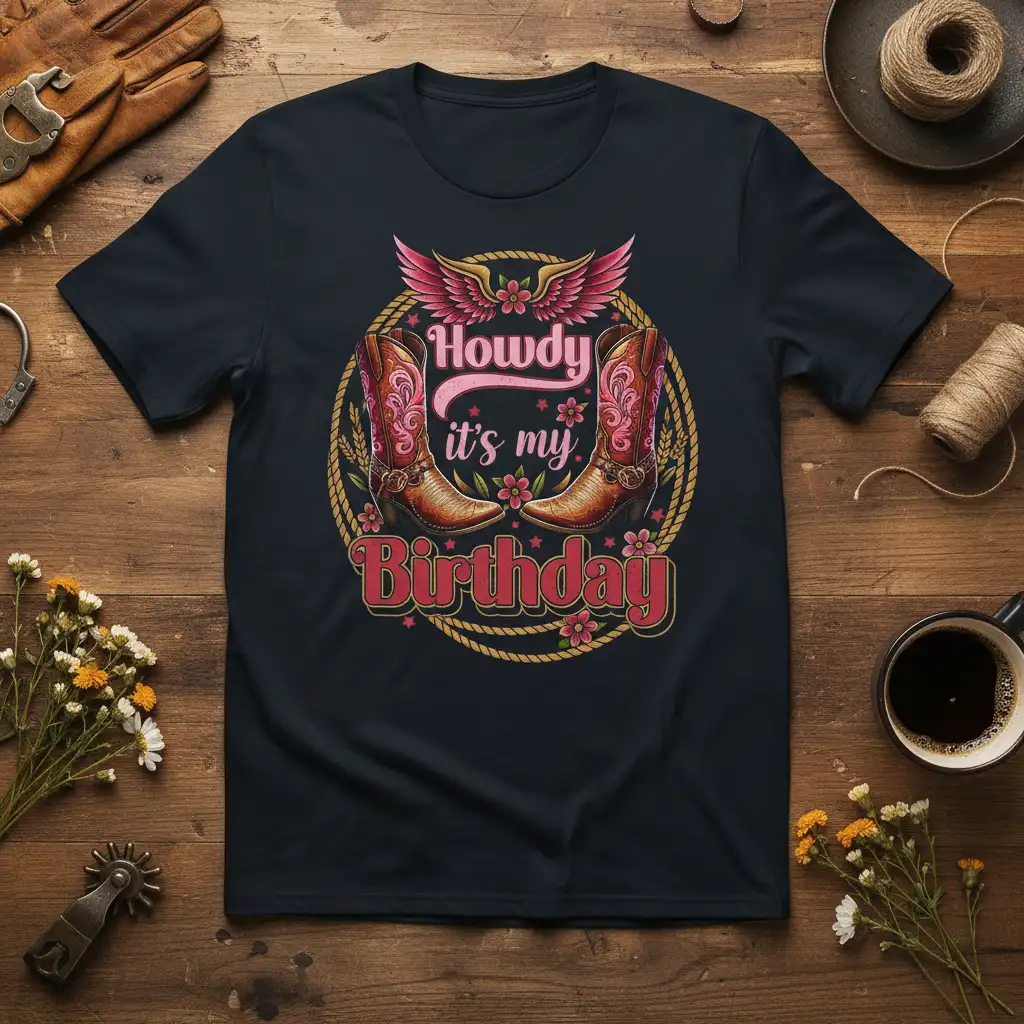 Howdy it's my Birthday text with vintage cowboy boots and floral graphics on a t-shirt