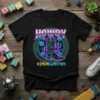 Black t-shirt with "HOWDY KINDERGARTEN" text and a neon-style cowboy boot with cactus and flowers graphic