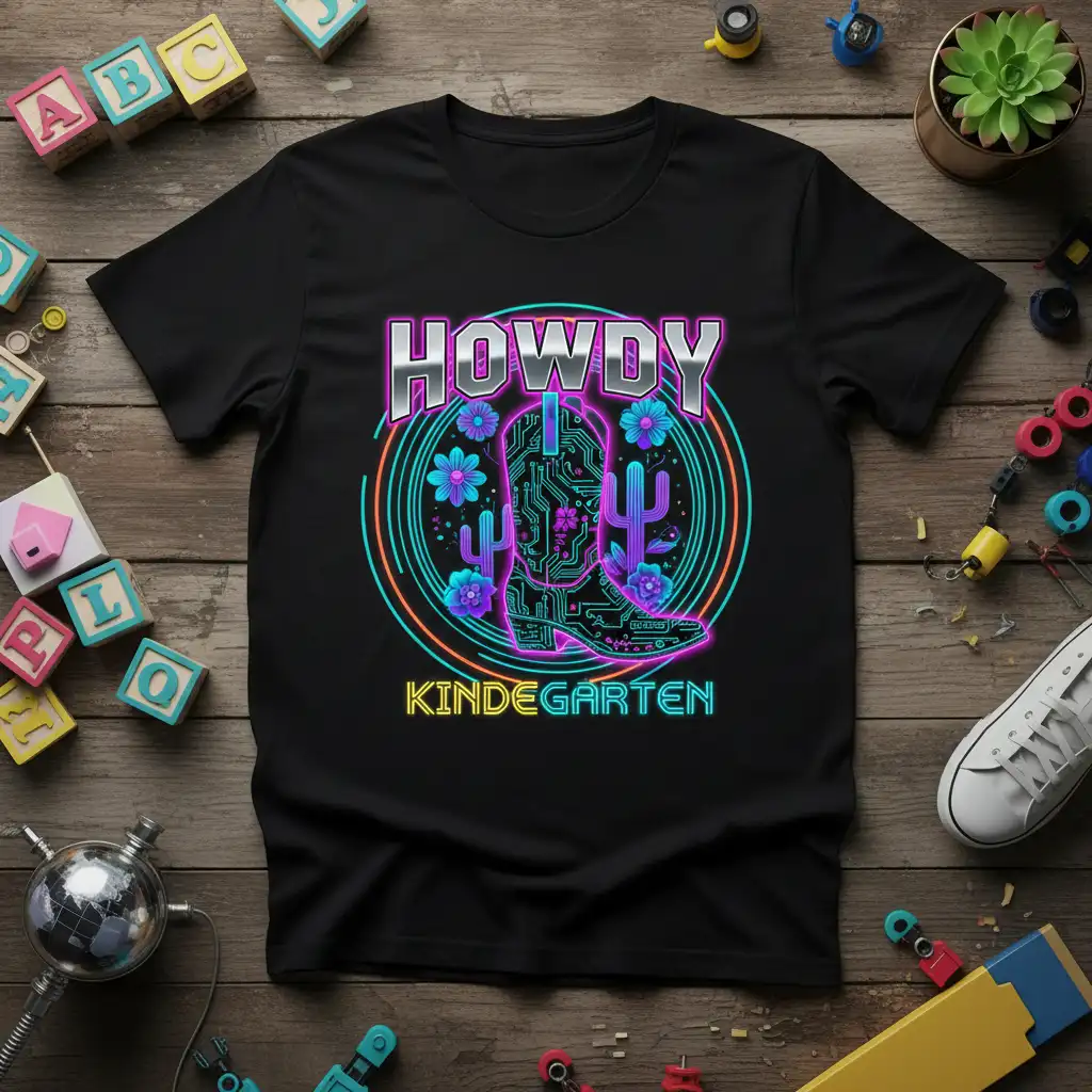 Neon-style Howdy Kindergarten cowboy boot design with circuit board elements and flowers on a black tee