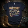 HOWDY Kindergarten text with cowboy boots and hats on a navy blue t-shirt, western theme