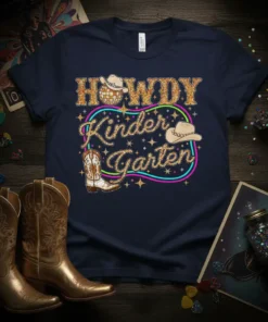 HOWDY Kindergarten text with cowboy boots and hats on a navy blue t-shirt, western theme