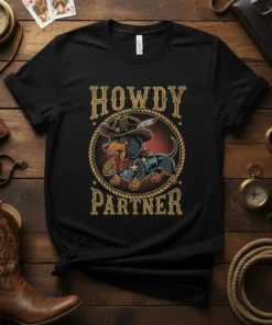 Black t-shirt with "Howdy Partner" text and a cowboy dachshund graphic wearing a hat and bandana