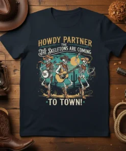 Howdy Partner The Skeletons Are Coming To Town text with three skeletons playing music in a western desert scene