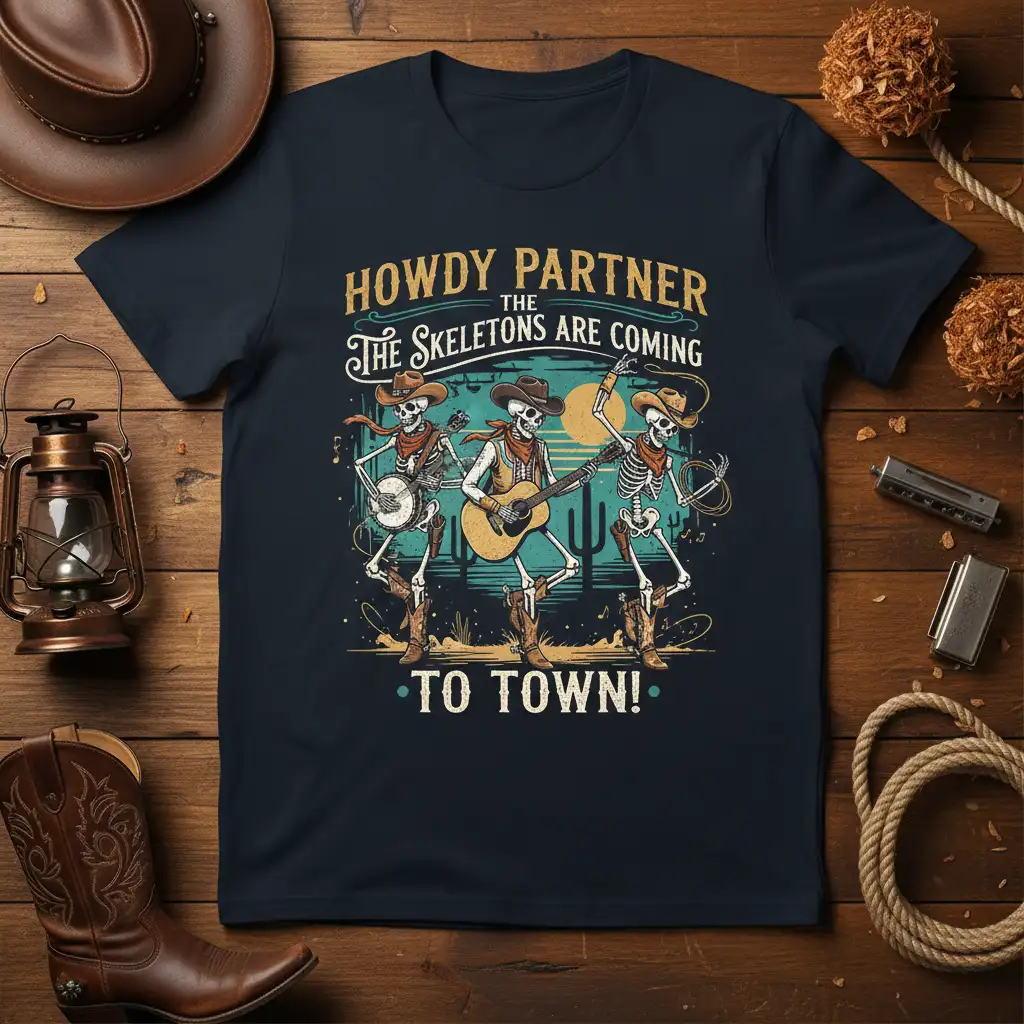 Howdy Partner The Skeletons Are Coming To Town! phrase on a t-shirt with dancing skeletons playing instruments