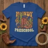 Howdy Preschool t-shirt with western cowboy boot, cactus, and sunflower graphic design