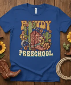 Howdy Preschool t-shirt with western cowboy boot, cactus, and sunflower graphic design