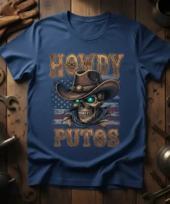 Howdy Putos cowboy skull t-shirt with American flag and cowboy hat graphic