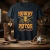 Howdy Putos cowboy t-shirt design featuring a longhorn skull, crossed pistols, and lasso graphic in yellow and red
