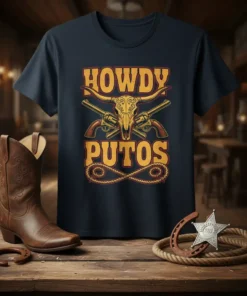 Howdy Putos cowboy t-shirt design featuring a longhorn skull, crossed pistols, and lasso graphic in yellow and red