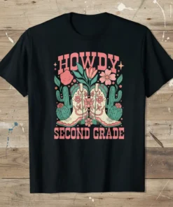 Howdy Second Grade t-shirt design with retro cowboy boots, cacti, and floral elements in pink and teal