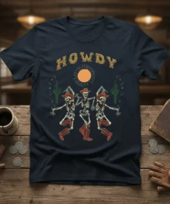Navy t-shirt with "HOWDY" text, dancing cowboy skeletons, cacti, and a sun graphic in a western desert theme
